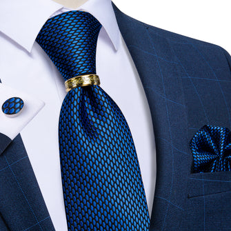 4PCS Navy Blue Men's Silk Tie Pocket Square Cufflinks with Dragon Ring Set