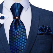 4PCS Navy Blue Men's Silk Tie Pocket Square Cufflinks with Dragon Ring Set