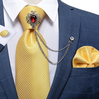 Yellow Geometric Tie Silk Men's Necktie Handkerchief Cufflinks Set With GEM Lapel Pin Brooch Set