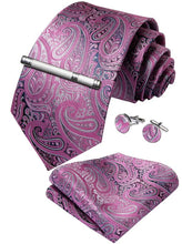 Pink Purple Paisley Men's Tie Handkerchief Cufflinks Clip Set (4465613373521)