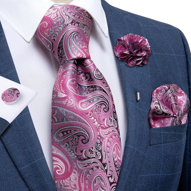 Beautiful Pink Paisley Tie Handkerchief Cufflinks Brooch Set (1641640296490)