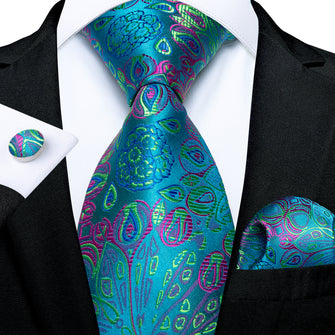 Elegent Blue Floral Tie Handkerchief Cufflinks Set