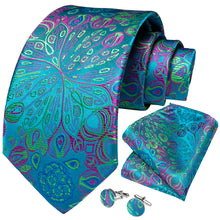 Elegent Blue Floral Tie Handkerchief Cufflinks Set