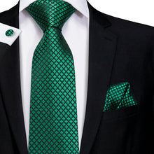 Plaid forest green Tie Handkerchief Cufflinks Set