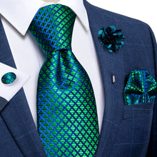 Teal Blue Plaid Tie Men's Silk Necktie Handkerchief Cufflinks Set With Lapel Pin Brooch Set