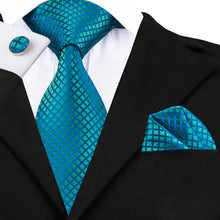 Luxury Teal Blue Plaid Necktie Pocket Square Cufflinks (587711021098)