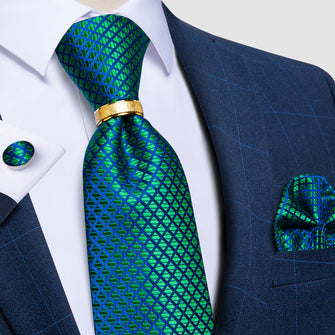 4PCS Teal Blue Plaid Silk Men's Tie Pocket Square Cufflinks with Tie Ring Set