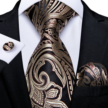 Luxury Brown Business Paisley Necktie Pocket Square Cufflinks Set