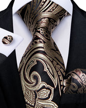 Luxury Brown Business Paisley Necktie Pocket Square Cufflinks Set