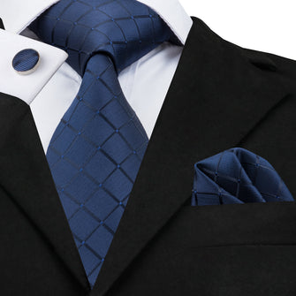 Top Plaid Blue Tie Handkerchief Cufflinks Set