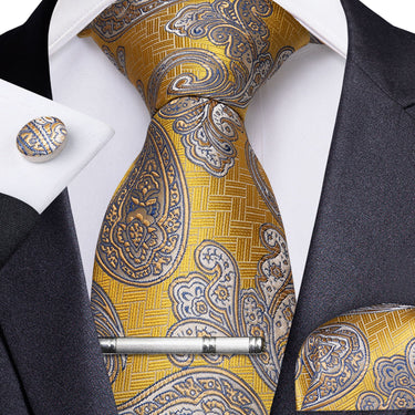 Yellow Paisley Men's Tie Handkerchief Cufflinks Clip Set (4465619238993)