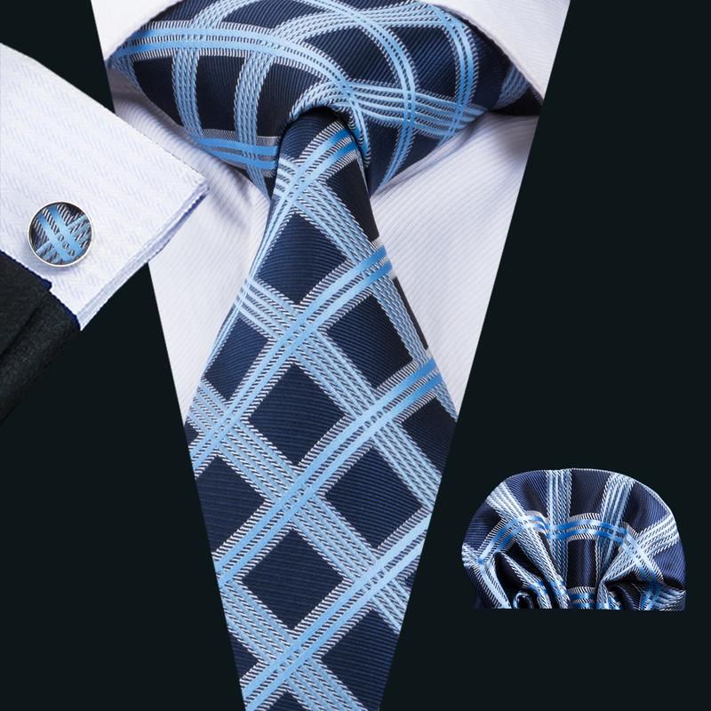 Blue Black Plaid Men's Tie Pocket Square Cufflinks Set (1912271667242)