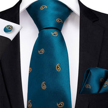 Navy Blue Yellow Paisley Men's Tie Handkerchief Cufflinks Set (1965750026282)