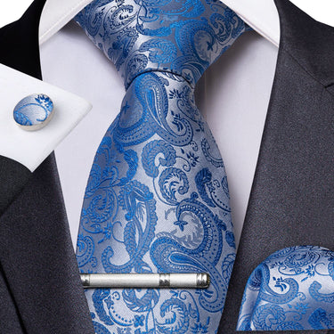 Pale Blue Paisley Men's Tie Handkerchief Cufflinks Clip Set (4297705750609)