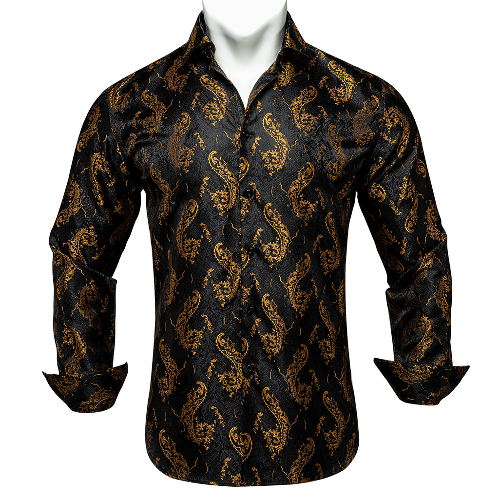 Dibangu Black Golden Paisley Silk Men's Button Up Slim-Fit Shirt ...