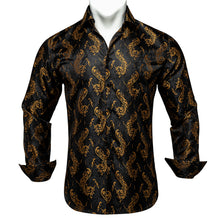 Dibangu Black Golden Paisley Silk Men's Button Up Slim-Fit Shirt