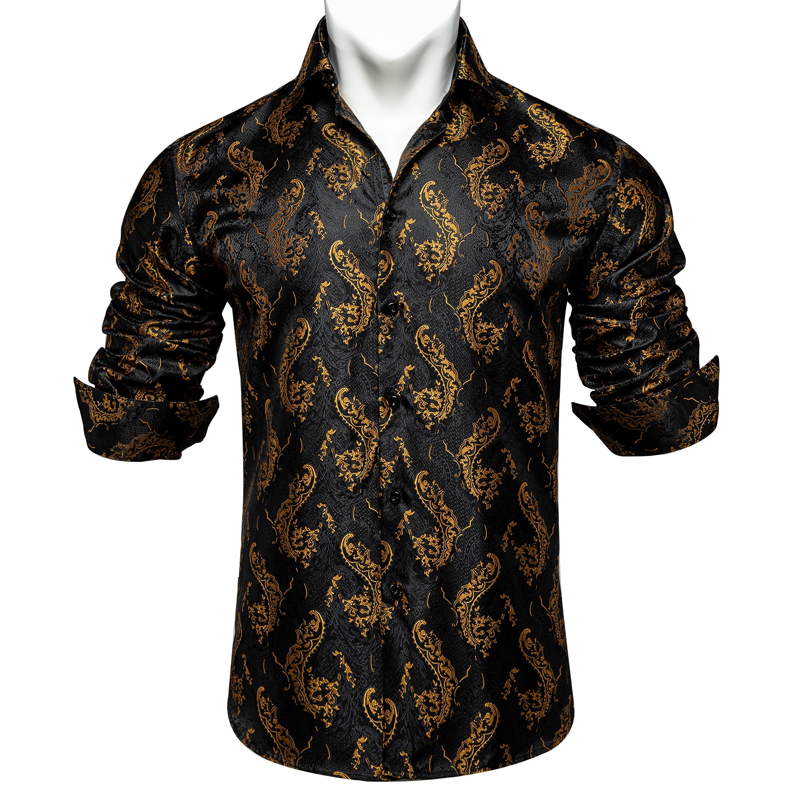 Dibangu Paisley Shirt Black Golden Silk Men's Button Up Slim-Fit Shirt, M Dibangu Paisley Shirt Black Golden Silk Men's Button Up Slim-Fit Shirt, M