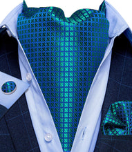 Teal Plaid Silk Cravat Woven Ascot Tie Pocket Square Handkerchief Suit Set