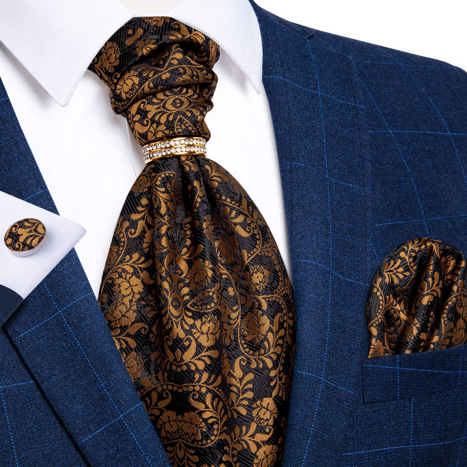 Brown Black Floral Silk Cravat Woven Ascot Tie Pocket Square Cufflinks With Tie Ring Gift Box Set