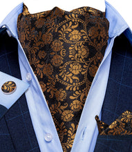 Brown Black Floral  Silk Cravat Woven Ascot Tie Pocket Square Handkerchief Suit Set