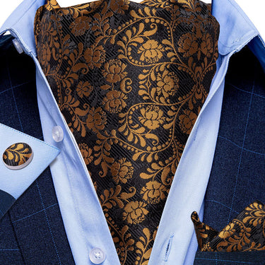 Brown Black Floral  Silk Cravat Woven Ascot Tie Pocket Square Handkerchief Suit Set