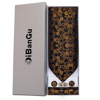 Brown Black Floral Silk Cravat Woven Ascot Tie Pocket Square Cufflinks With Tie Ring Gift Box Set