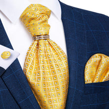 Yellow Plaid Silk Cravat Woven Ascot Tie Pocket Square Cufflinks With Tie Ring Gift Box Set