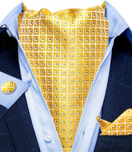 Gold Plaid  Silk Cravat Woven Ascot Tie Pocket Square Handkerchief Suit Set