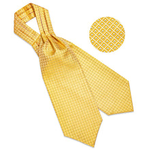 Gold Plaid  Silk Cravat Woven Ascot Tie Pocket Square Handkerchief Suit Set