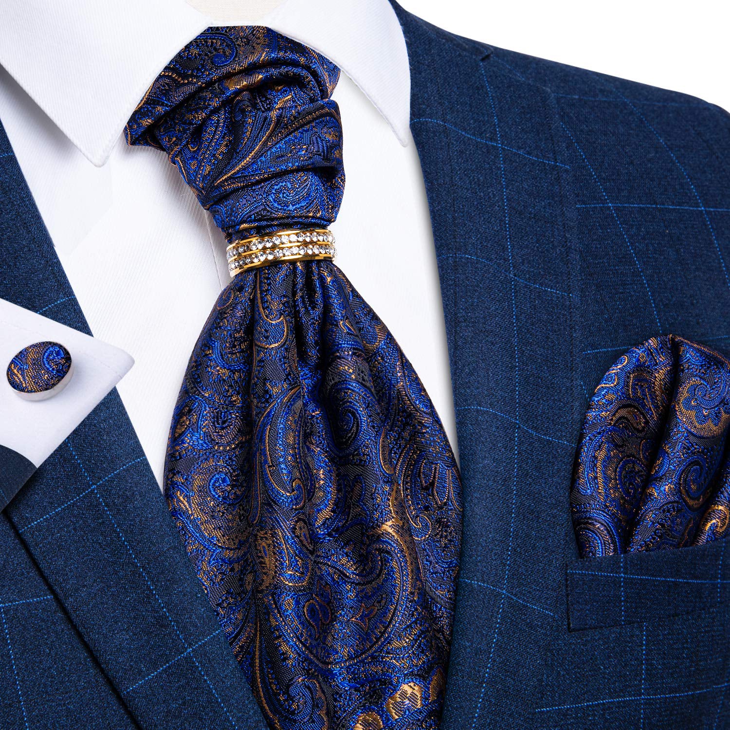 Blue Paisley Silk Cravat Woven Ascot Tie Pocket Square Cufflinks With Tie Ring Gift Box Set