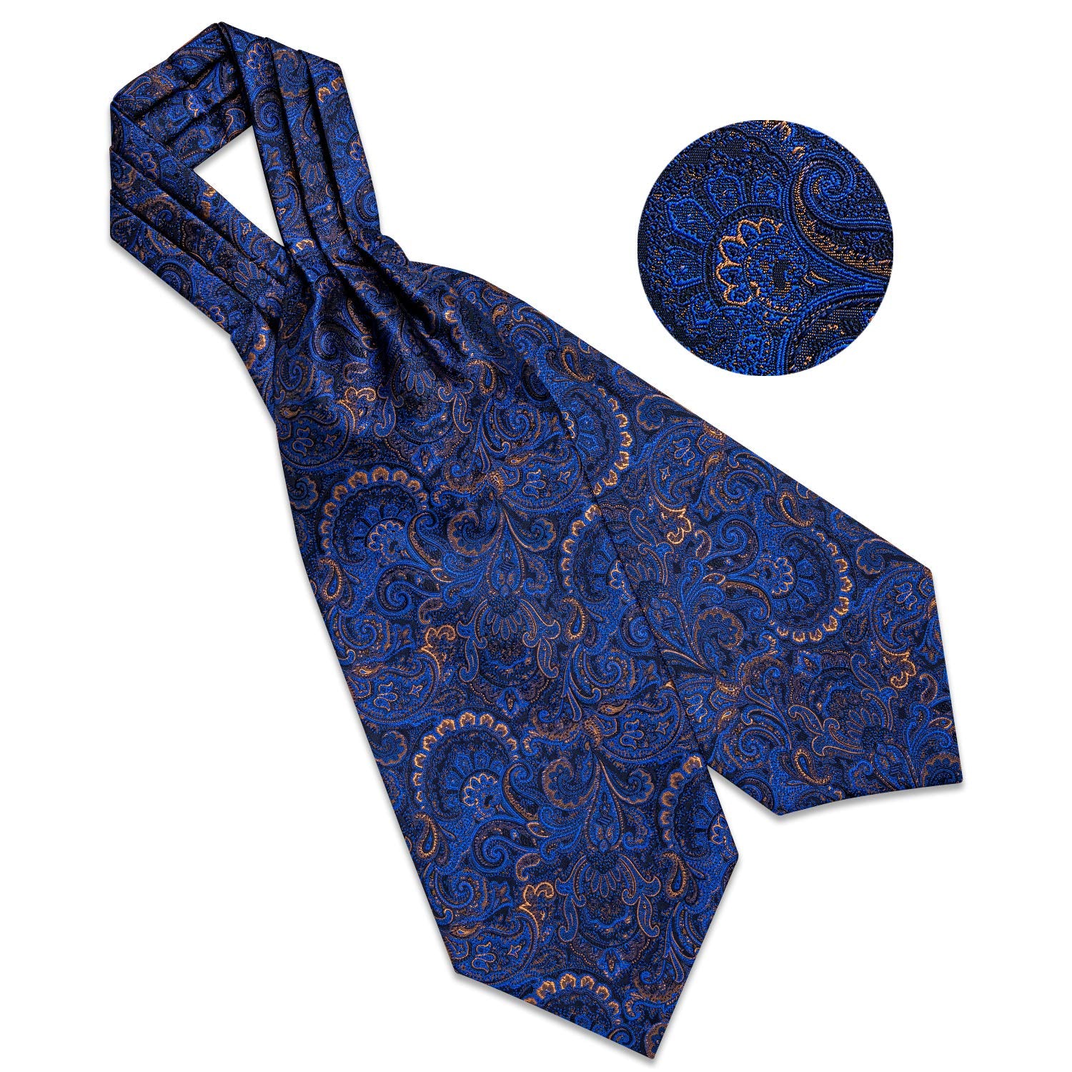 Blue Paisley Silk Cravat Woven Ascot Tie Pocket Square Handkerchief Suit Set