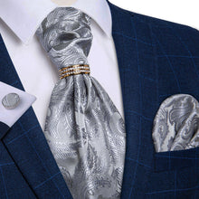 fashion business silver grey paisley floral silk mens ascot tie handkerchief cufflinks set with mens tie accessory ring set for father's day gifts 2024