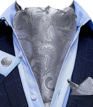 Grey Paisley Silk Cravat Woven Ascot Tie Pocket Square Handkerchief Suit Set