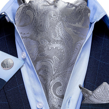 Grey Paisley Silk Cravat Woven Ascot Tie Pocket Square Handkerchief Suit Set