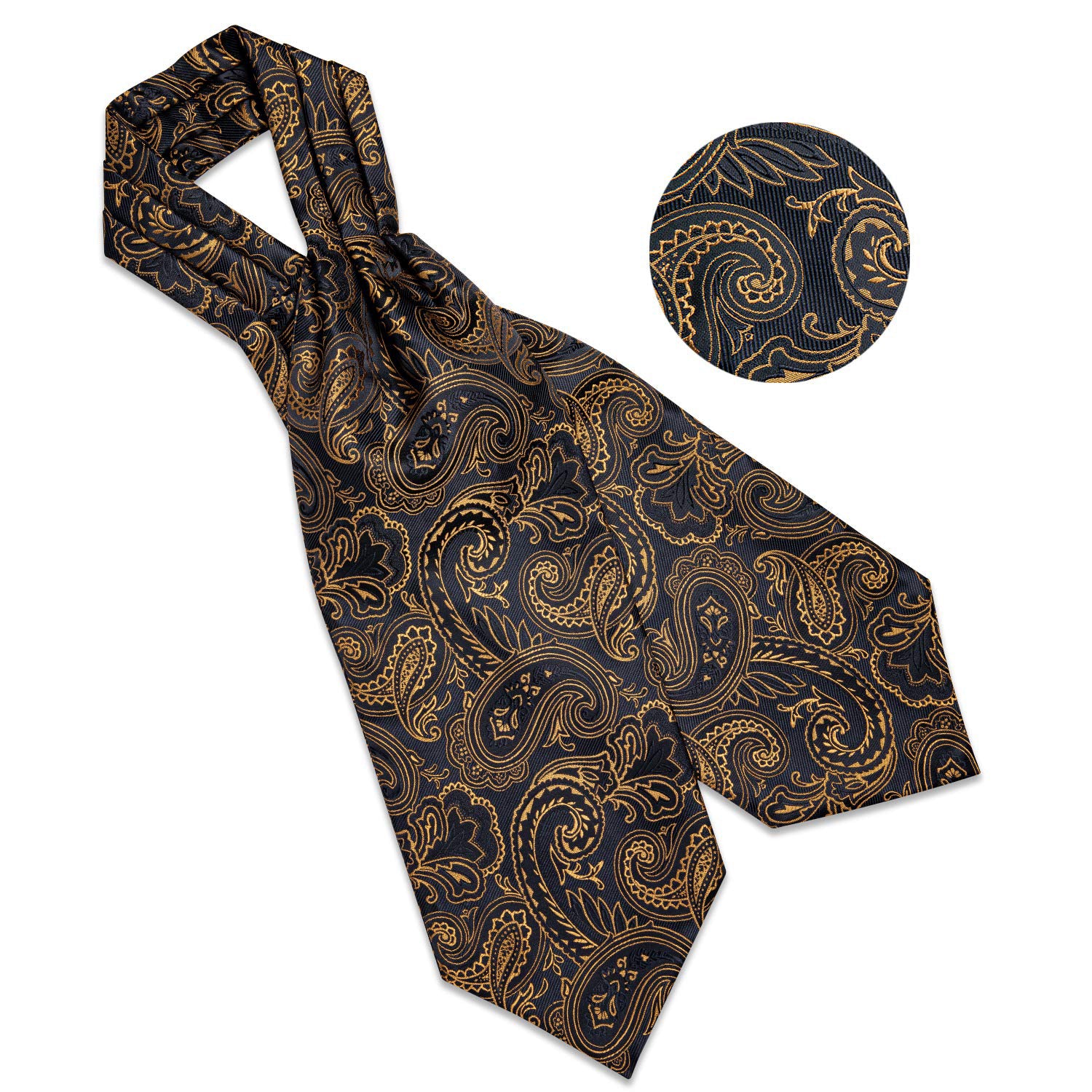 Brown Black Paisley Silk Cravat Woven Ascot Tie Pocket Square Handkerchief Suit Set
