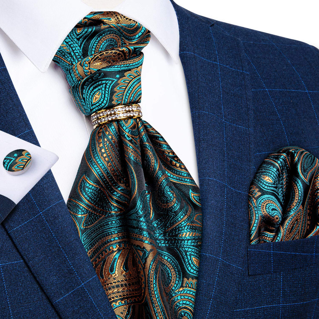 wedding tie design silk teal green paisley mens ascot tie handkerchief cufflinks set with mens tie bar ring gift set