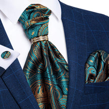 Turquoise Paisley Silk Cravat Woven Ascot Tie Pocket Square Cufflinks With Tie Ring Gift Box Set
