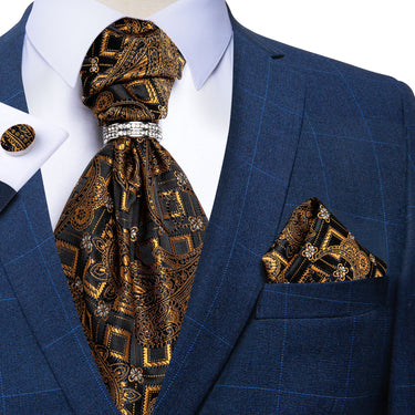 Black Brown Paisley Silk Cravat Woven Ascot Tie Pocket Square Cufflinks With Tie Ring Set (4667738194001)