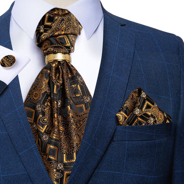 Black Brown Paisley Silk Cravat Woven Ascot Tie Pocket Square Cufflinks With Tie Ring Set (4667738194001)