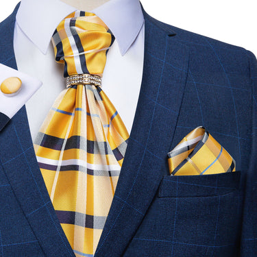 Yellow Blue Striped Silk Cravat Woven Ascot Tie Pocket Square Cufflinks With Tie Ring Set (4667740192849)