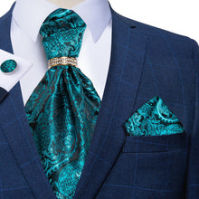 Turquoise Floral Silk Cravat Woven Ascot Tie Pocket Square Cufflinks With Tie Ring Set (4667741110353)