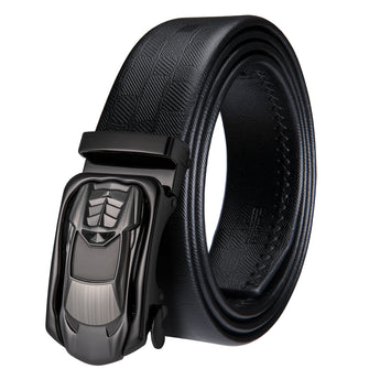 Classic Black Grey Metal Automatic Buckle Black Leather Belt