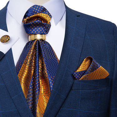 Blue Yellow Plaid Silk Cravat Woven Ascot Tie Pocket Square Cufflinks With Tie Ring Set (4667741765713)