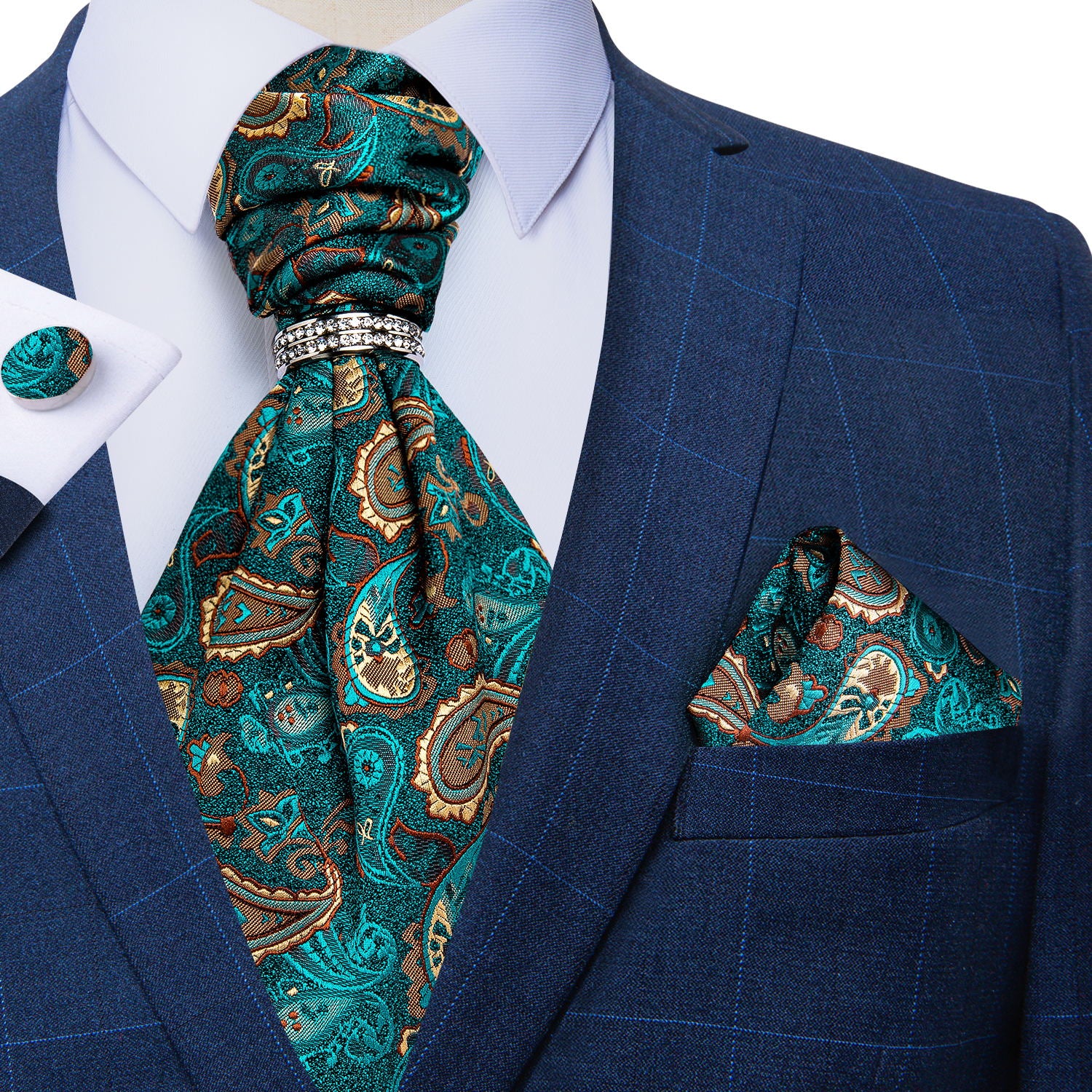 Green Paisley Silk Cravat Woven Ascot Tie Pocket Square Cufflinks With Tie Ring Set (4667742715985)