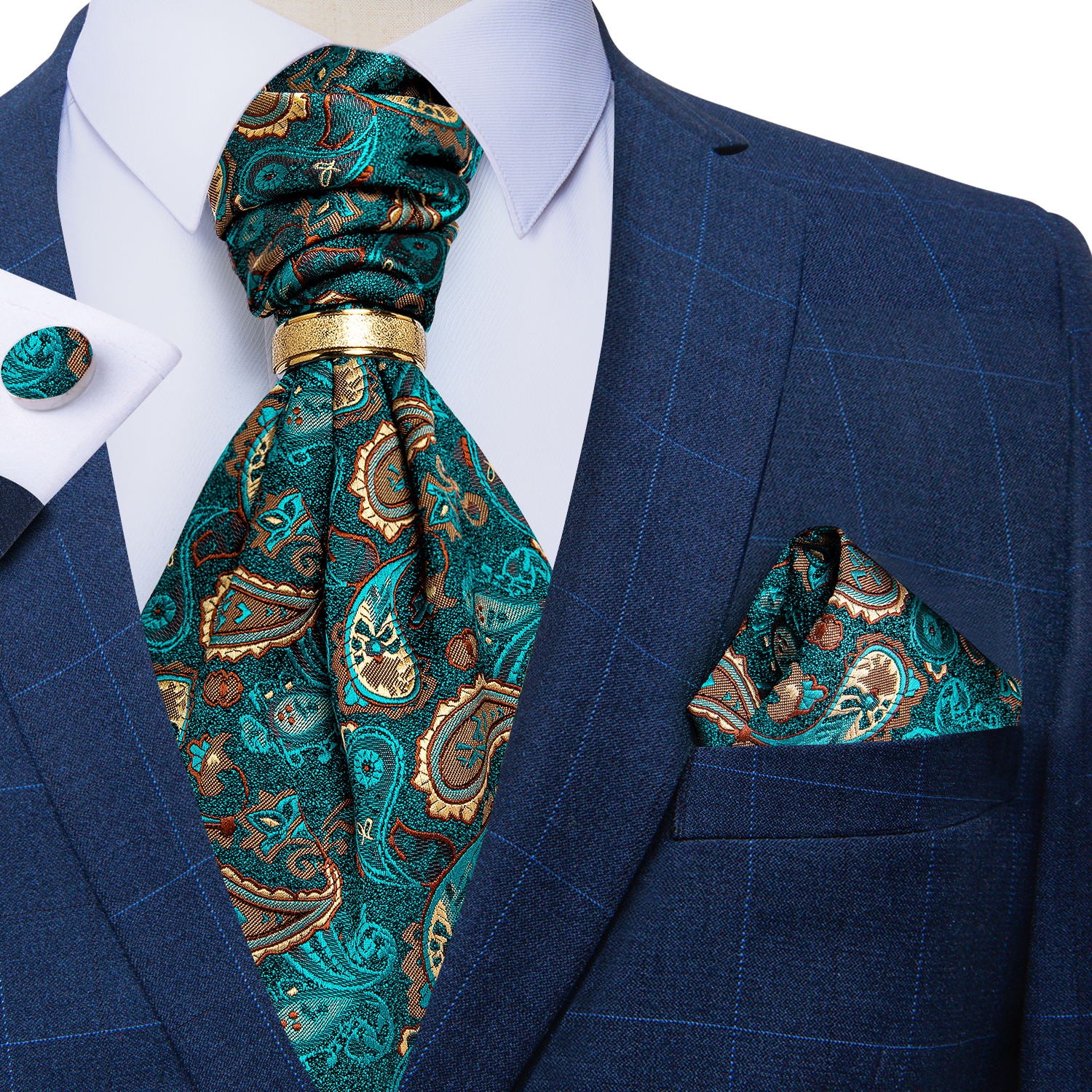 Green Paisley Silk Cravat Woven Ascot Tie Pocket Square Cufflinks With Tie Ring Set (4667742715985)