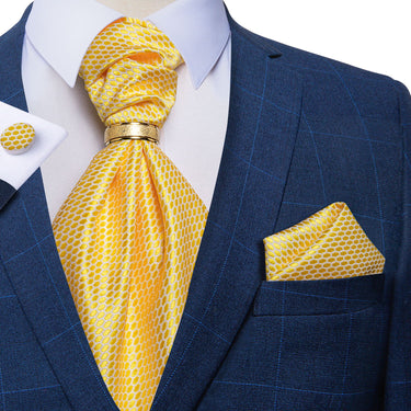 Yellow Plaid Silk Cravat Woven Ascot Tie Pocket Square Cufflinks With Tie Ring Set (4667790458961)