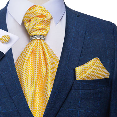 Yellow Plaid Silk Cravat Woven Ascot Tie Pocket Square Cufflinks With Tie Ring Set (4667790458961)