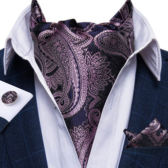 Purple Blue Paisley Silk Cravat Woven Ascot Tie Pocket Square Handkerchief Suit Set
