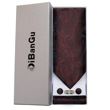 Brown Black Paisley Silk Cravat Woven Ascot Tie Pocket Square Cufflinks With Tie Ring Gift Box Set