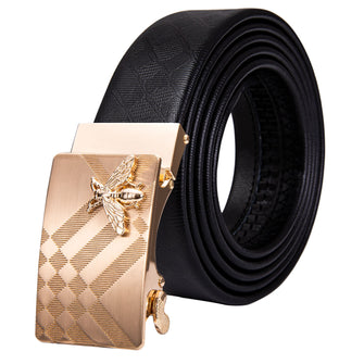 Golden Plaid Metal Automatic Buckle Black Leather Belt